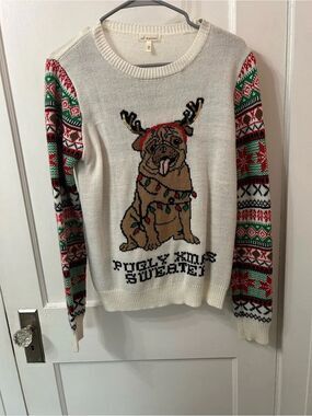 Self Esteem Cream Holiday Pug Sweater with Red & Green Patterned Sleeves